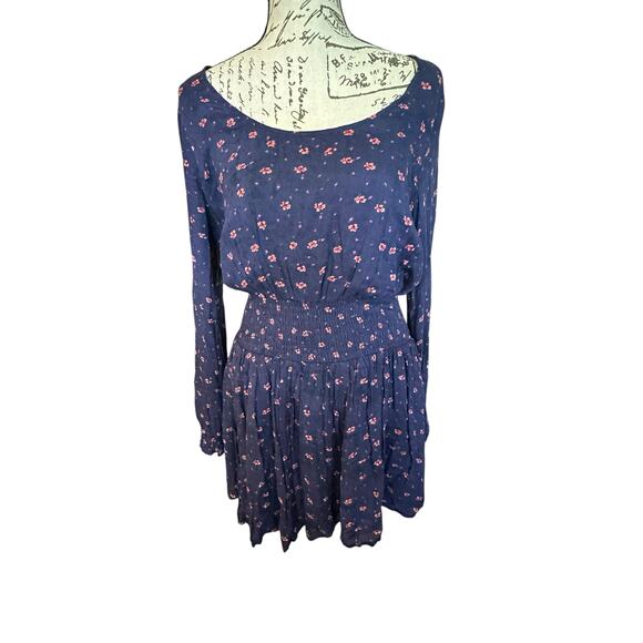 Kimchi Navy Floral Boho Smocked Waist Mini Dress Size M Coquette IndieSleaze - Picture 1 of 8